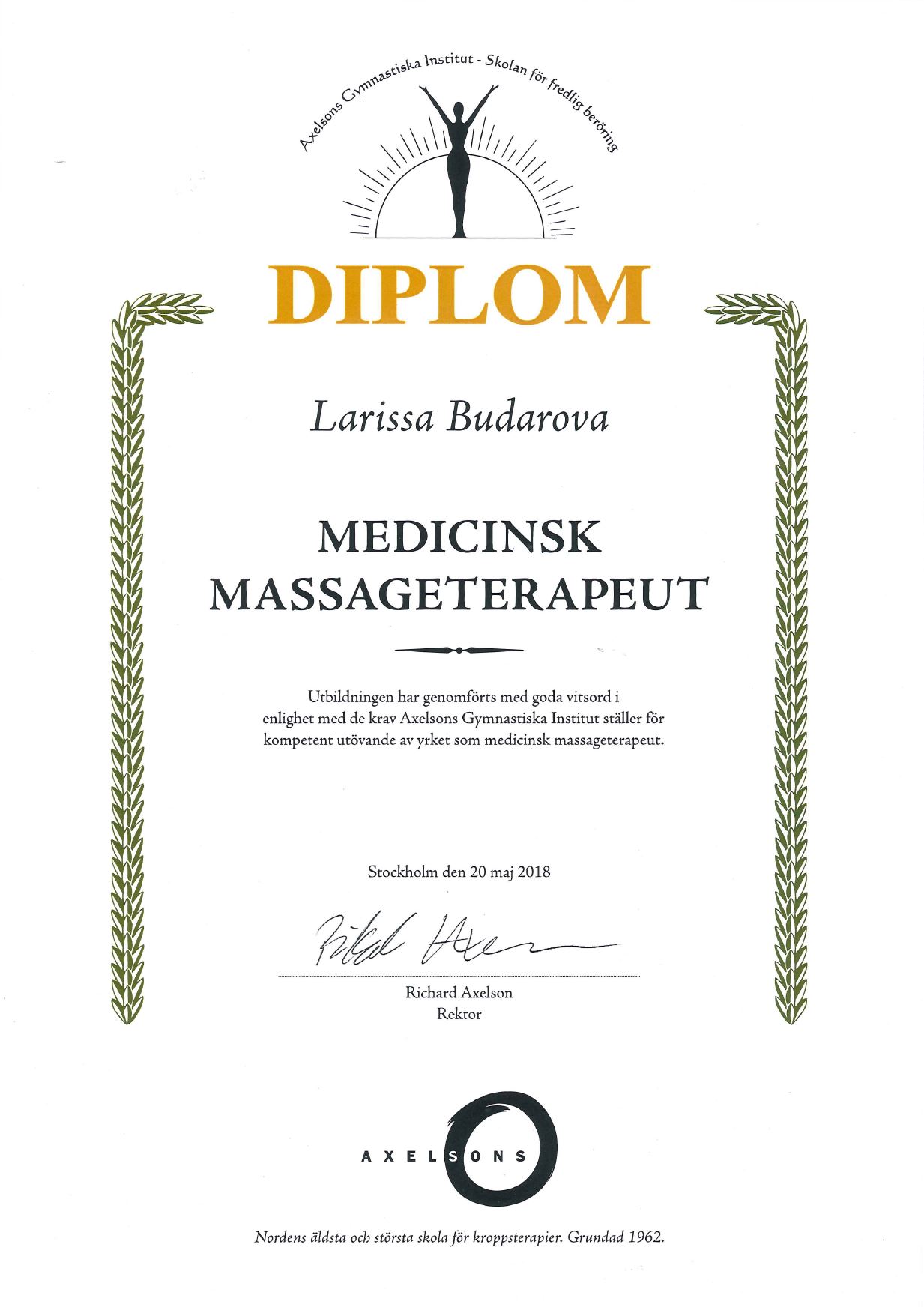Terapeuta Diplomada de Masaje Medicinal - Axelsons Gymnastiska Institut